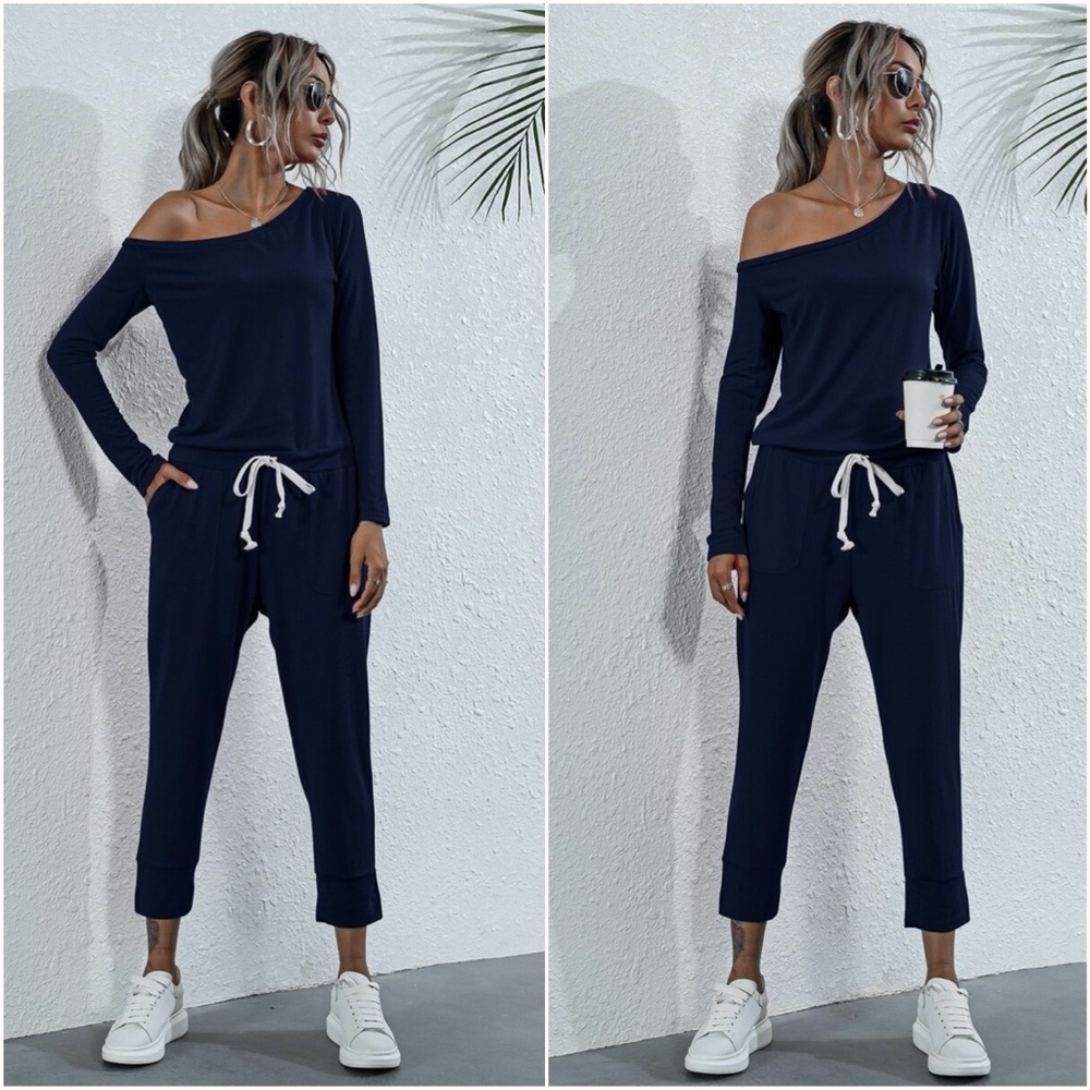 Off Shoulder drawstring black Comfy Jumpsuit grey - Picture 2 of 7